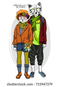 Vector white cats with glasses and hats. Hand drawn illustration of dressed cats. Romantic date. Only love. 2