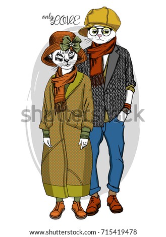 Vector white cats with glasses and hats. Hand drawn illustration of dressed cats. Romantic date. Only love. 3