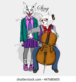 Vector white cats plays cello and sings. Hand drawn illustration of dressed cat. 