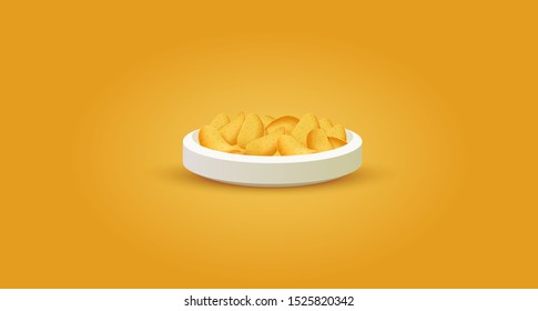 Vector White Ceramic Dish, Plate. Chips 3D icon. 