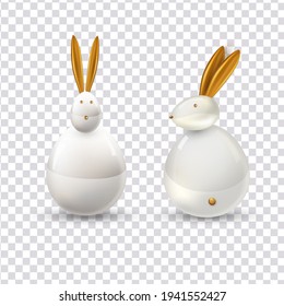 Vector white ceramic Easter bunny  . Decorative realistic object for Easter Day.Happy easter. 