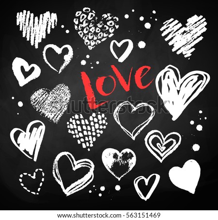 Vector white chalk drawn collection of grunge Valentine hearts on blackboard background with red Love word lettering.