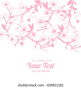 Vector white cherry blossoms horizontal frame pattern background . Invitation or greeting card design.Vector illustration