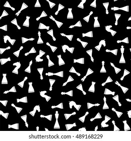 Vector White Chess Pieces Seamless Pattern on Black Background
