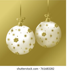vector of  white christmas balls with gold decoration on gold background
