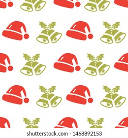 Vector white christmas jingle bell and santa cap stripes seamless pattern background