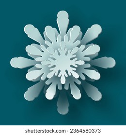 Vector white christmas paper cut 3d snowflake with shadow on teal colored background. Winter design elements for presentation, banner, cover, web, flyer, card, sale, poster, slide and social media