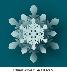 Papel de navidad blanco vectorial cortó copo de nieve 3d con sombra sobre fondo de color fresco. Elementos de diseño invernal para presentación, banner, portada, web, volante, tarjeta, venta, afiche, diapositiva y medios sociales