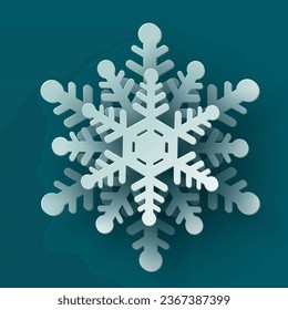 Vector white christmas paper cut 3d snowflake with shadow on teal colored background. Winter design elements for presentation, banner, cover, web, flyer, card, sale, poster, slide and social media