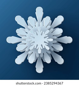 Vector white christmas paper cut 3d snowflake with shadow on blue colored background. Winter design elements for presentation, banner, cover, web, flyer, card, sale, poster, slide and social media.