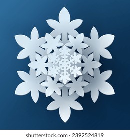 Vector white christmas paper cut 3d snowflake with shadow on blue colored background. Winter design elements for presentation, banner, cover, web, flyer, card, sale, poster, slide and social media.