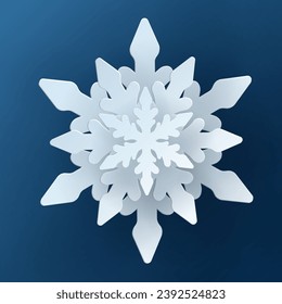 Vector white christmas paper cut 3d snowflake with shadow on blue colored background. Winter design elements for presentation, banner, cover, web, flyer, card, sale, poster, slide and social media.