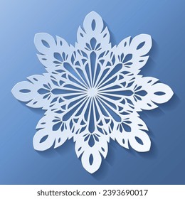 Vector white christmas paper cut 3d snowflake with shadow on blue colored background. Winter design elements for presentation, banner, cover, web, flyer, card, sale, poster, slide and social media.	