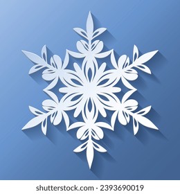 Vector white christmas paper cut 3d snowflake with shadow on blue colored background. Winter design elements for presentation, banner, cover, web, flyer, card, sale, poster, slide and social media.	