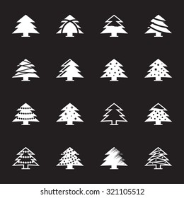 VEctor white christmas tree icon set on black background