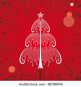Vector white Christmas tree with red shine background