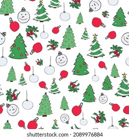 Vector White Christmas trees and baubles background pattern