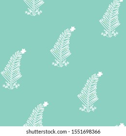 Vector White Christmas Trees on Mint Green seamless pattern background.