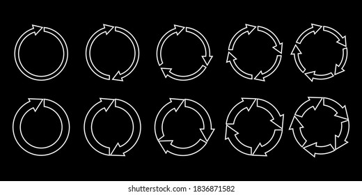 Vector White circles with arrows on a black background. Reload and replay symbol. Stock image.