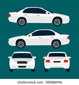 Vector white city car, four views, top, side, back, front. Car icon isolated on background. Flat design