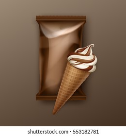 Vector White Classic and Chocolate Soft Serve Ice Cream Waffle Cone with Brown Plastic Foil Wrapper for Branding Package Design Close up Isolated on Background