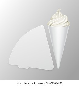 Vector White Classic Soft Serve Ice Cream Waffle Cone in White Carton Foil Wrapper for Branding Close up Isolated on Background