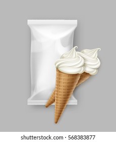 Vector White Classic Soft Serve Ice Cream Waffle Cone with White Plastic Foil Wrapper for Branding Package Design Close up Isolated on White Background