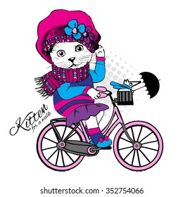 Vector white clothing cat with bicycle and mouse with umbrella. Kitten for a walk.