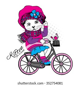 Vector white clothing cat with bicycle and mouse with umbrella. Kitten for a walk.