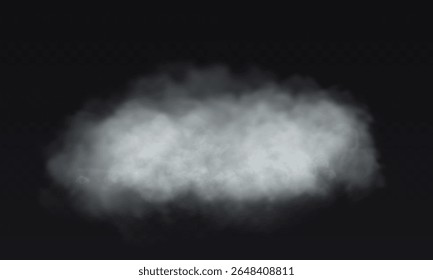 Vector white cloud. Fog smoke effect on transparent dark background.