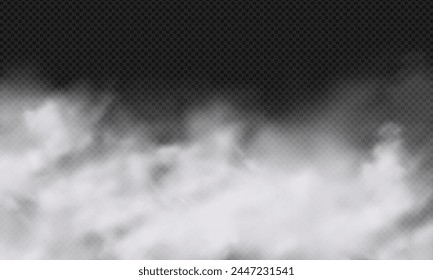 Vector white cloud, misty fog pattern or fire smoke overlay effect on transparent background. Sky cloud wave or chimney smoke illustration. Nature or weather element art. Realistic smoke, fog or cloud