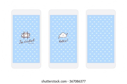 Vector white cloud on blue background screens for mobile phone app with funny cloud character
