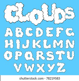 Vector white clouds alphabet on a blue sky background