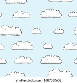 Vector white clouds background. Seamless cloud textile print pattern.