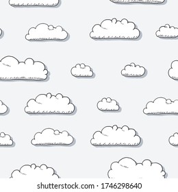 Vector white clouds background. Seamless cloud textile print pattern.