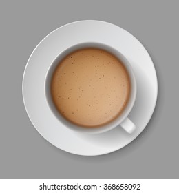 Vector White Coffee Cup Mug with Cream Foam Bubbles Top View Isolated On Background