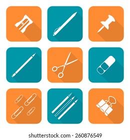 vector white color flat design various stationery icons set long shadow 