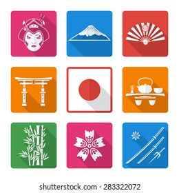 vector white color flat design japanese national theme icons with shadow set
