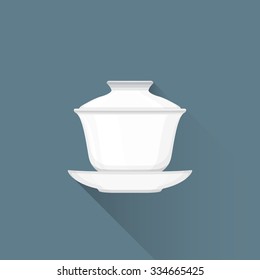 vector white color flat design asian porcelain tea gaiwan on saucer illustration isolated dark background long shadow
