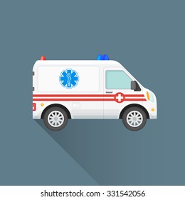 vector white color red stripes flat design ambulance emergency car first-aid cross sign illustration isolated dark background long shadow
