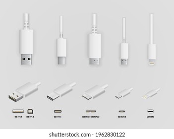 Vector white colored USB standart type A and type C plugs, microUSB, superspeed, lightning, universal computer cable connectors, vector illustration