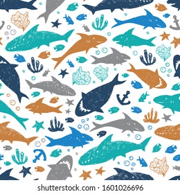 Vector white colourful cute shark pen sketch repeat pattern. Perfect for fabric, scrapbooking and wallpaper projects.