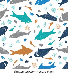 Vector white colourful cute shark pen sketch rows 01 repeat pattern. Perfect for fabric, scrapbooking and wallpaper projects.