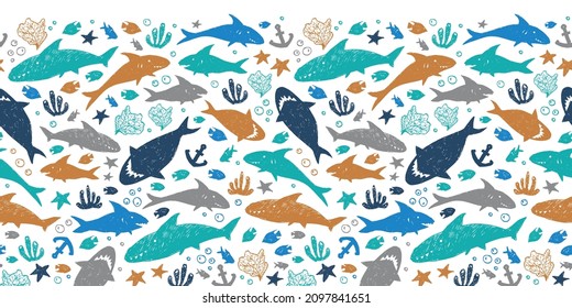 Vector white colourful cute shark pen sketch horizontal border pattern. Perfect for wall mural, posters or greeting cards.