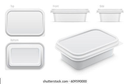 Vector white container for butter, melted cheese or margarine spread. Top, bottom, front, side and perspective views isolated over the white background. Packaging template illustration.