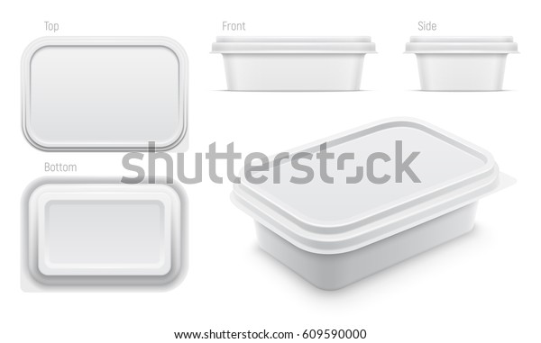 Vector white\
container for butter, melted cheese or margarine spread. Top,\
bottom, front, side and perspective views isolated over the white\
background. Packaging template\
illustration.