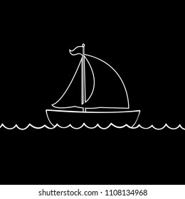Vector white contour outline  silhouette illustration of sailing ship transportation floating on sea waves. Yacht boat icon isolated on black background. 