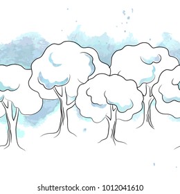 vector white contour trees on blue watercolor effect background seamless pattern