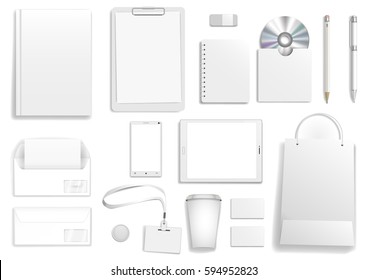 Vector white corporate mock up. Set items with the tablet, cover, business card, bag, envelope, pencil and pen.