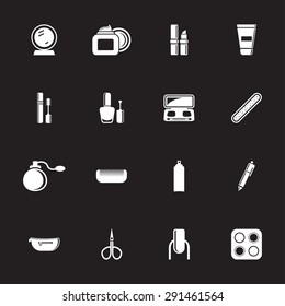 Vector white cosmetics, make-up and beauty icons set on black background